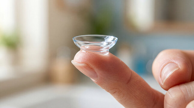Macro close up of clear transparent contact lens resting on human fingertip ready for insertion against bright blurred background