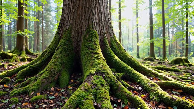 Mossy tree roots in forest