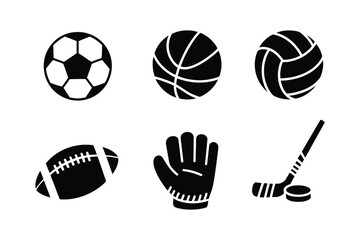 Fototapeta premium collection of six different sports balls and equipment icons on a white background, vector illustration of football basketball baseball soccer tennis volleyball, modern flat icon set,apps, websites