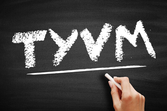 TYVM acronym written in chalk on a chalkboard. Means thank you very much, used as a polite expression of gratitude in digital messaging and social media