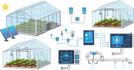 Smart greenhouse system set with sensors irrigation and solar panels, modern agriculture technology vector illustration © Nasrin