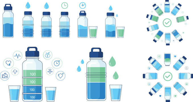 Water intake bottles and hydration tracker set, daily drinking reminder and healthy lifestyle vector illustration