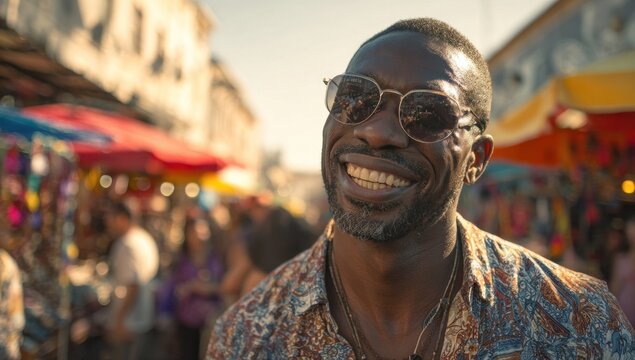 Smiling man wearing sunglasses at outdoor market.
