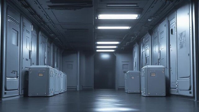 Spaceship corridor featuring a clean, futuristic design with long rows of modular storage containers and bright overhead lighting, creating a scene of advanced technology and efficient automation