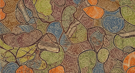 Obraz premium Close-up of a colorful abstract pattern with various shapes and earthy tones