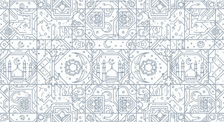 Obraz premium Islamic Geometric Pattern with Crescent Moon and Mosque, Blue Outline