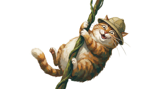 Adventure and travel concept. A cute chubby explorer cat clings tightly to a green jungle vine on a white background