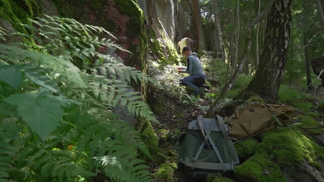 Couple picking blueberries in a Finnish forest, surrounded by mossy rocks, ferns and trees, enjoying wild harvest in nature.