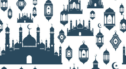 Fototapeta premium Islamic Mosque and Lanterns Seamless Pattern - Ramadan Kareem Silhouette Background