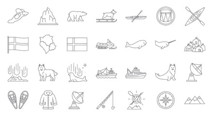Arctic Icons: Polar Bear, Narwhal, Aurora, Snowmobile, Inuit Village, North © Rizal