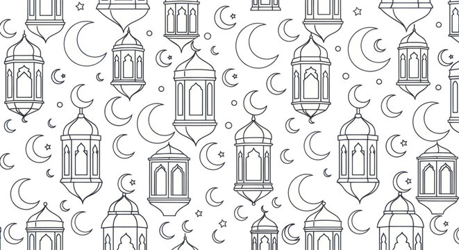 Ramadan Lanterns and Moon Seamless Pattern - Islamic Holiday Background