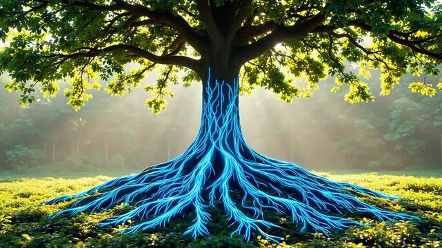 Large tree with glowing roots in forest