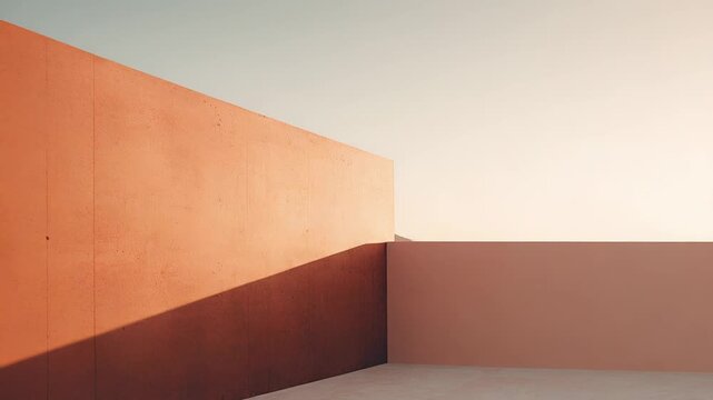 Architectural concrete walls with sunlit and shaded sections forming abstract geometric patterns, conveying a sense of calm and modern design under a serene sky