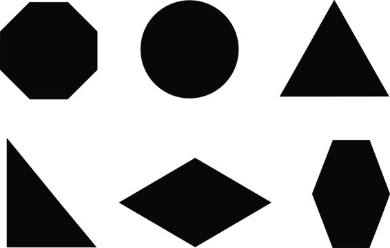 Black geometric shapes collection, featuring circle, triangle, hexagon, octagon, diamond, and right angle triangle vector