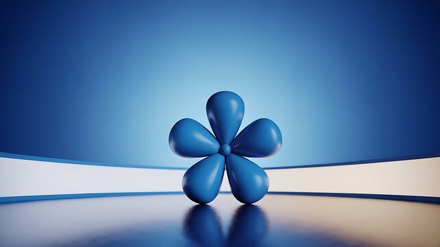 Blue balloon animal flower sculpture on reflective floor in modern room