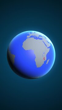 The animation shows a graphic representation of the earth and highlights the location and map of Malawi colored red in vertical format.