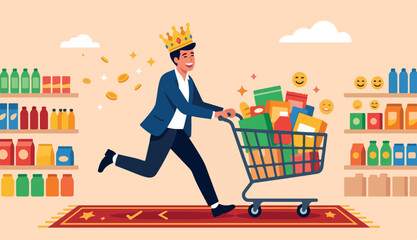 Customer is king, client want is most important, user experience or customer centric marketing strategy concept, happy man customer wearing king crown running with shopping cart ready to buy product. © JWEL