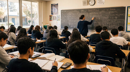 Obraz premium Teacher instructs students on quadratic equations in a classroom setting with desks, notebooks, and a chalkboard filled with mathematical formulas