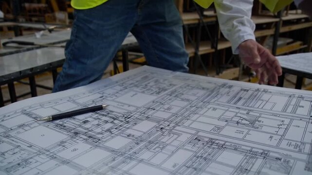 Hands pointing at architectural blueprint on table, construction foreman directing layout, architect annotating revisions, project manager checking schedule, inspector verifying dimensions, yellow