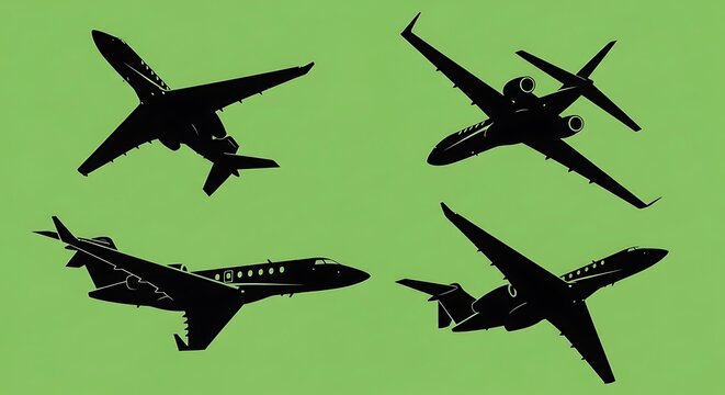 Four black airplanes flying against green background