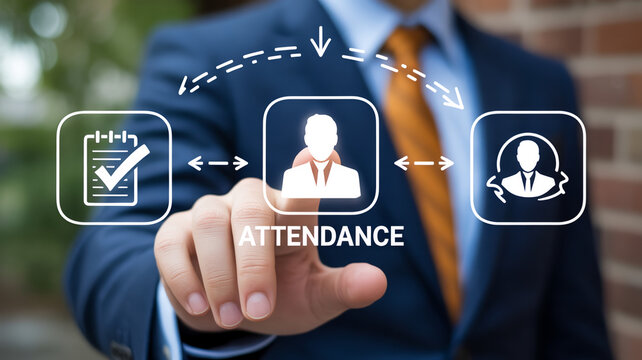 Business professional interacts with glowing virtual attendance management system for efficient personnel tracking