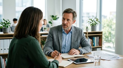 Fototapeta premium Business Meeting in Modern Office with Professional Man and Woman Engaged in Discussion