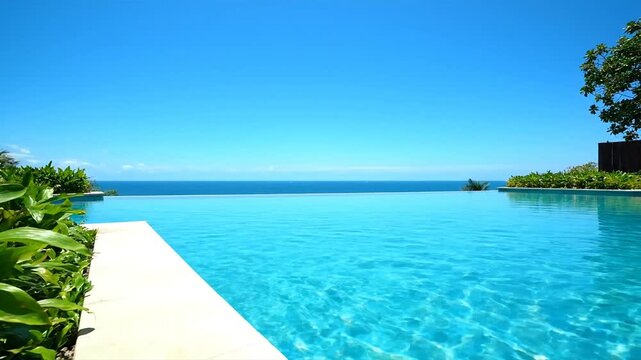 Infinity pool overlooking the ocean with lush green foliage and clear blue skies on a sunny day