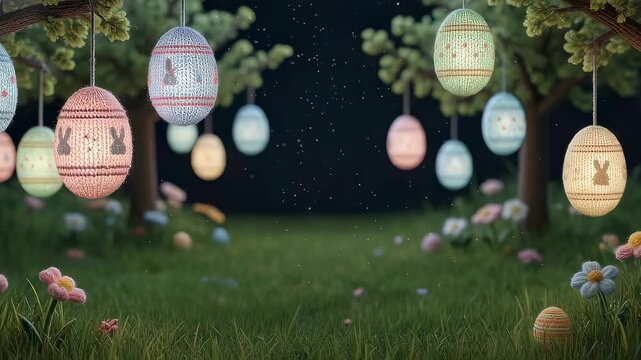 Knitted easter eggs hanging on tree branches in magical forest. Glow of festive decorations in evening setting. Celebrating holiday with creative spring scenery.