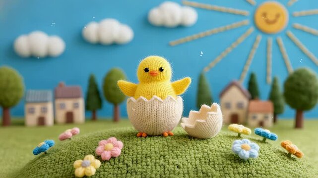 Knitted yellow chick hatching from egg on green meadow. Handmade craft scenery for Easter celebration. Textile toy in landscape with sun and clouds decoration.