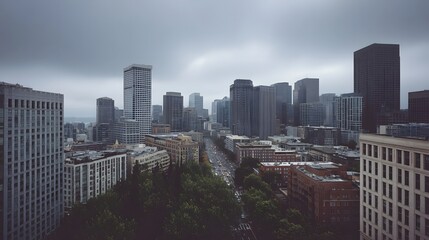 Fototapeta premium A panoramic city skyline view with dense buildings overcast sky and traffic on a road below