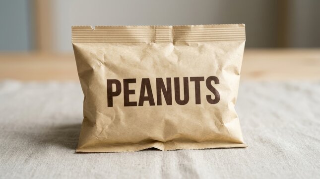 Simple brown paper bag with the word PEANUTS printed in bold letters sits on a textured surface.