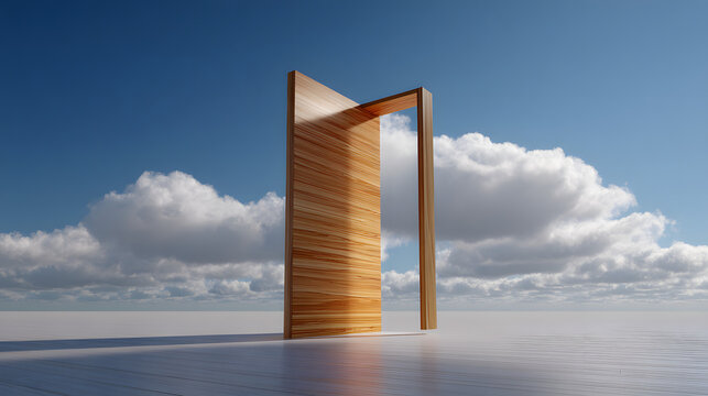 Open wooden door in a vast horizon under a cloudy blue sky, representing opportunity, new beginnings, freedom, and transition. Surreal concept with a textured wooden entrance on a reflective floor.
