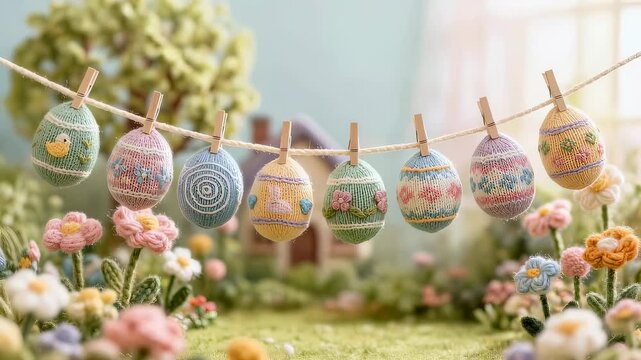 Easter eggs in knitted style hanging on a rope line. Decorative yarn craft items for holiday celebration. Cute felted spring toys in a garden house background.