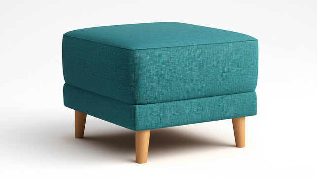 A teal upholstered ottoman with wooden legs stands on a white background