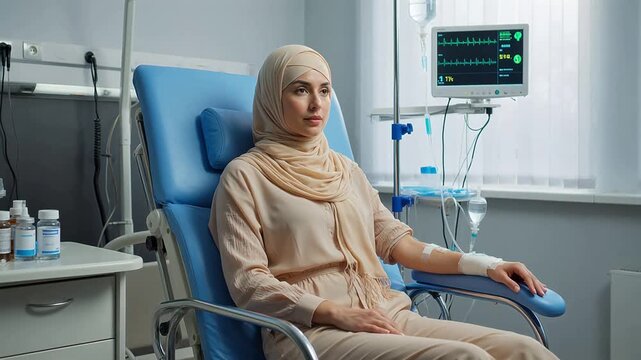 Woman in medical chair with IV