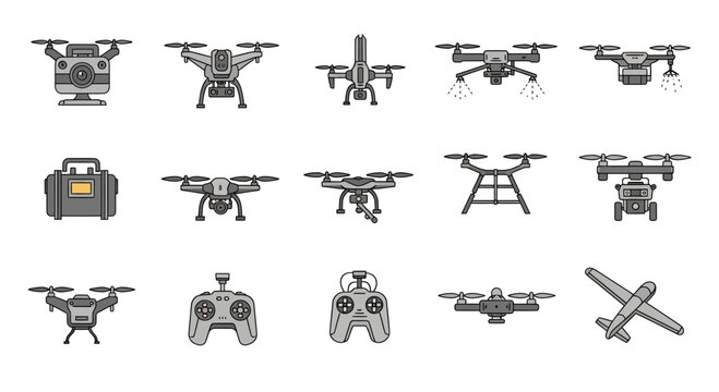 Drone Icons Set: Professional UAV Technology, FPV Racing, Agricultural, Military, and Delivery Drones Flat Line Vector Illustrations