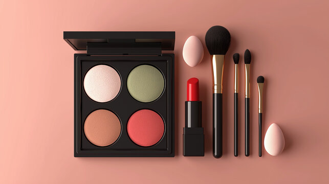 A flat lay arrangement of makeup products including an eyeshadow palette, lipstick, makeup brushes, and sponges on a pink background