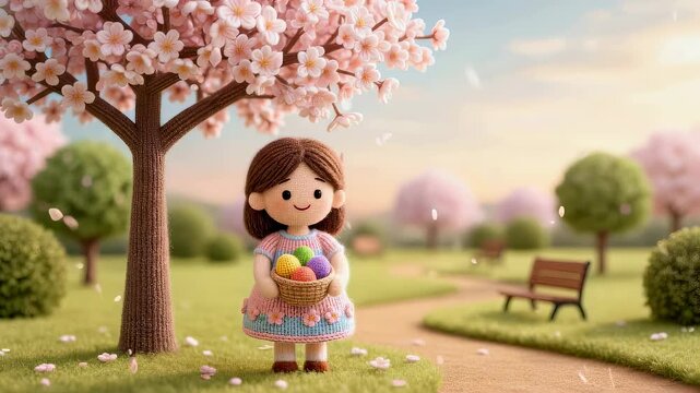Knitted girl holding basket of colorful eggs under cherry tree. Easter holiday scene with cute doll character in spring garden. Crafts and handmade decor concept.