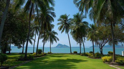 Obraz premium A lush green lawn with palm trees framing a view of the ocean and distant islands under a clear blue sky