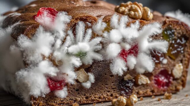 Close-up of a fruitcake covered in white mold, showcasing the decay with colorful fruit pieces and nuts visible within the texture