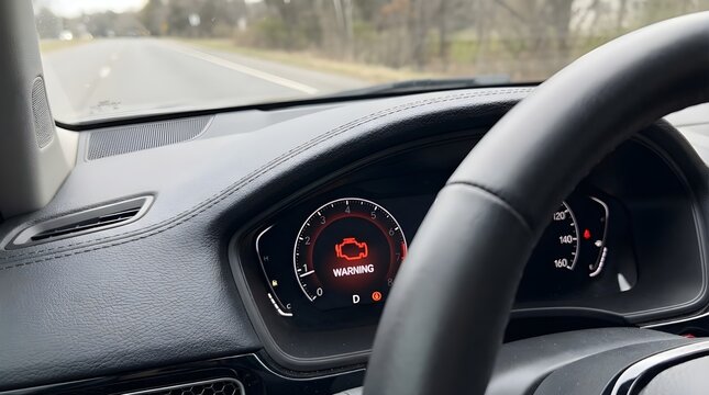 Driver's perspective of a car dashboard showing an illuminated engine warning light while traveling on a road