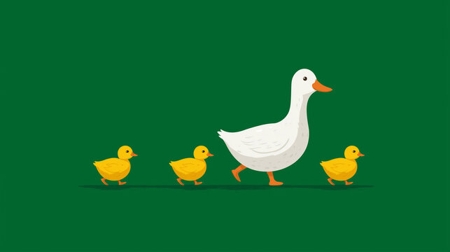 A white duck leads a line of yellow ducklings across a green background
