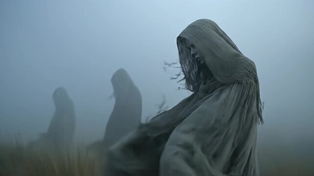 Hooded figures emerge from mist in tall grass field. Eerie cloaked wanderers process through foggy meadow. Atmospheric fantasy sequence of mysterious silhouettes in haze.
