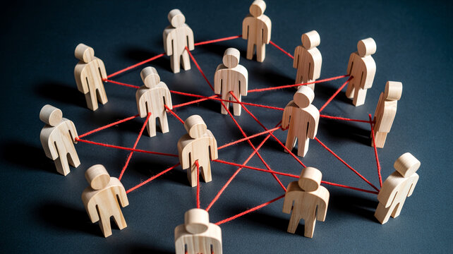 Wooden human figures connected by red threads form a complex network on a dark surface with dramatic lighting symbolizing teamwork collaboration and c