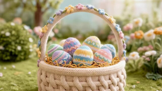 Knitted easter basket with colorful yarn eggs. Decorative handmade craft composition for celebration. Spring festival symbol in a bright garden park outdoor setting.