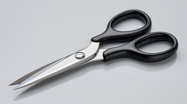 A pair of open scissors with black handles rests on a plain surface
