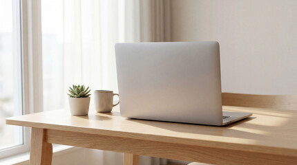 Fototapeta premium Silver laptop on a wooden desk with a coffee mug and succulent plant by a sunny window. Home office workspace