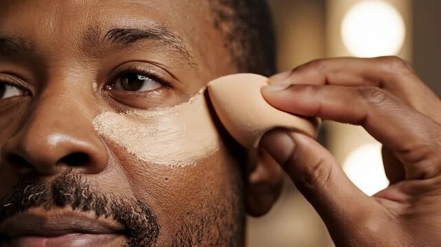 A man applying concealer under his eyes using a makeup sponge, showcasing a close-up view of his focused expression and skin texture