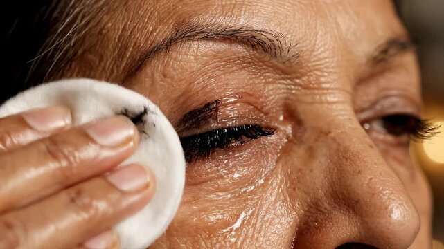 Close-up view of a woman gently using a cotton pad to remove eye makeup, showcasing details of her skin texture and makeup removal process