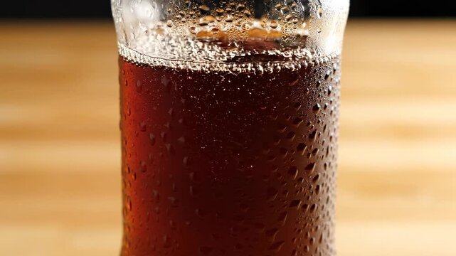 Close-up of a glass bottle filled with dark soda, showcasing bubbles and condensation on the outside